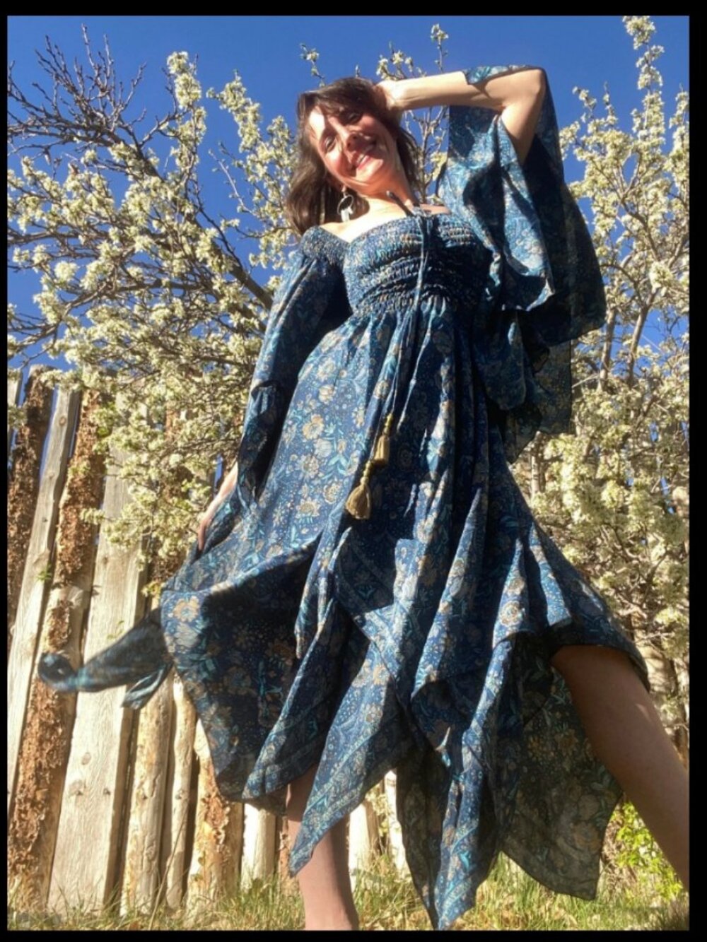 Emily In Wonderland Teal Blue Stevie Dreams Silk Boho Midi Dress Sz XS/S